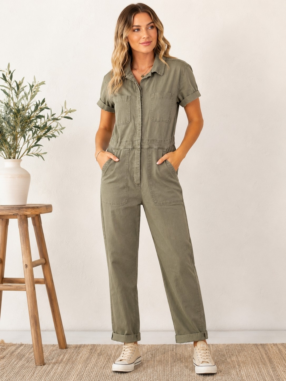 Altar'd State Short-Sleeve Utility  Cargo Jumpsuit Olive Green SZ Medium